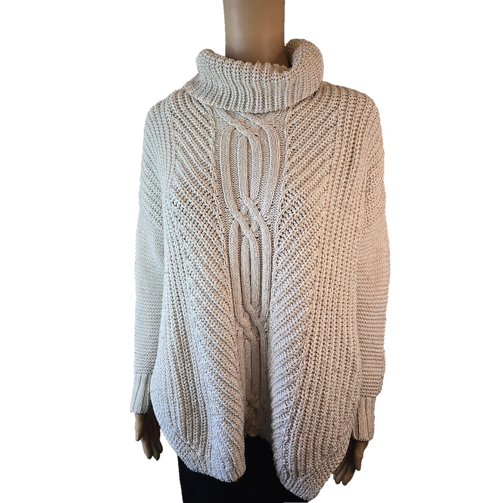 Lands' End Women's Cream Wool Chunky Cable Knit Turtleneck Sweater Size XS